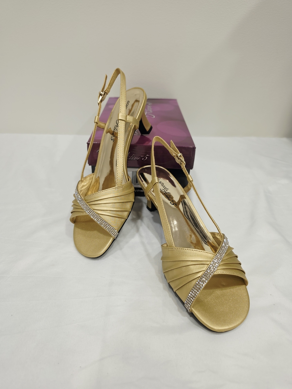 easy street Gold Satin Delite Slingback Heels with Rhinestone Band